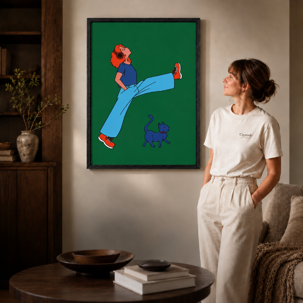 Woman in a white tee admiring a black-framed headphones girl canvas wall art and blue cat illustration.