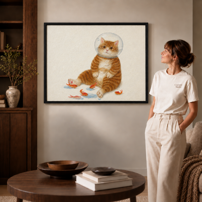 Whimsical fishbowl cat canvas art in a walnut frame above a seated man in a warm modern living room.