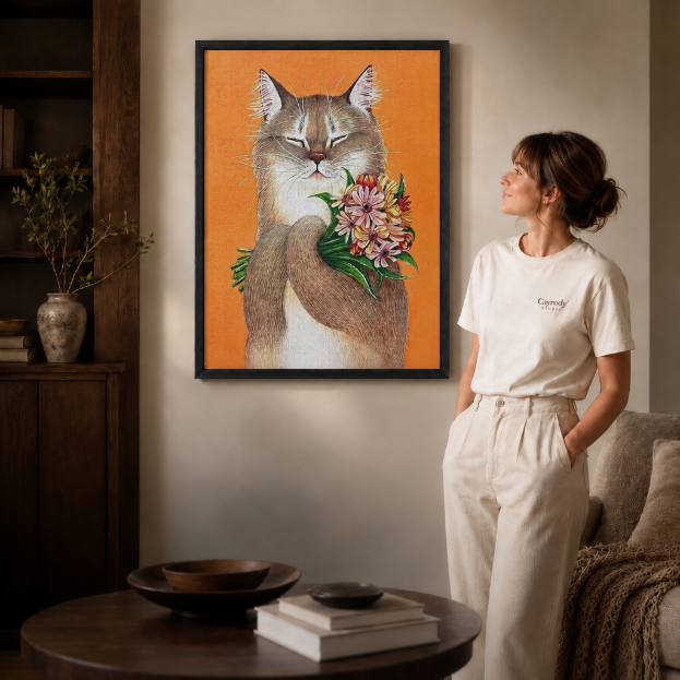 Woman in a white t-shirt stands beside cat with flowers canvas wall art in a black frame, modern living room.