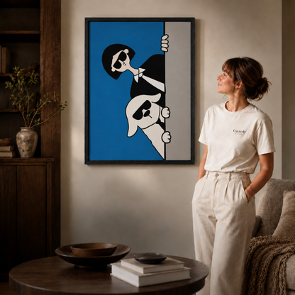 a framed pop art canvas of a woman and dog in sunglasses on a blue ground.