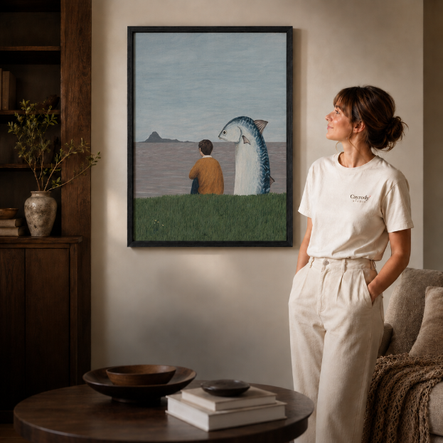 a black-framed surreal canvas of a boy and a giant fish by the sea.