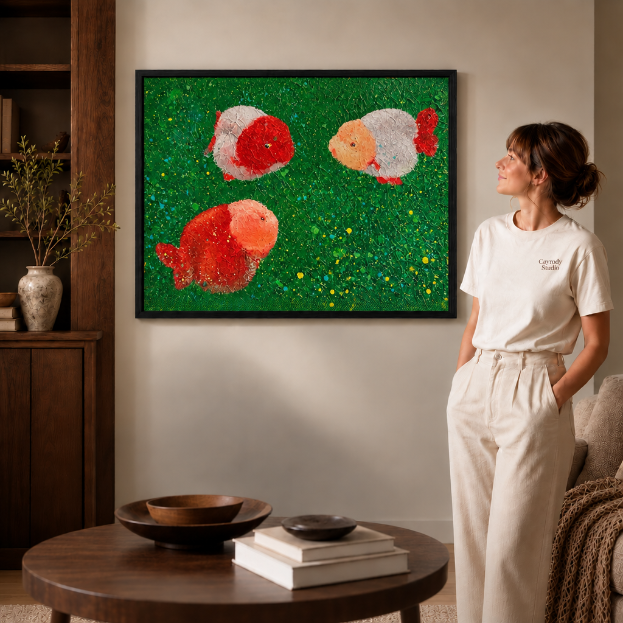 Goldfish canvas wall art in a black frame, modern living room with bookshelf.