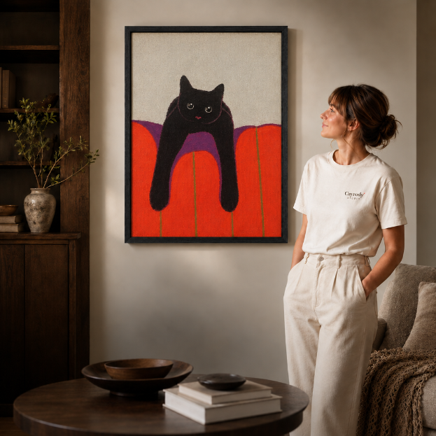 Woman in a white t-shirt stands beside black cat canvas wall art in a black frame, modern living room.