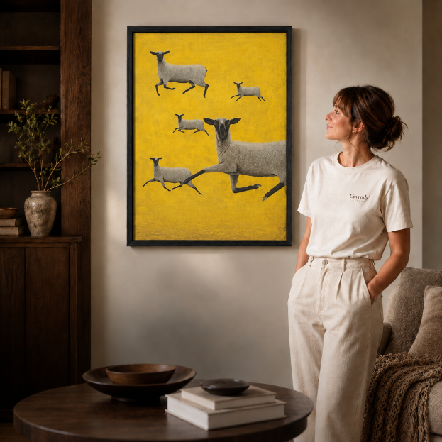 a black-framed leaping sheep canvas wall art with naive brushwork.