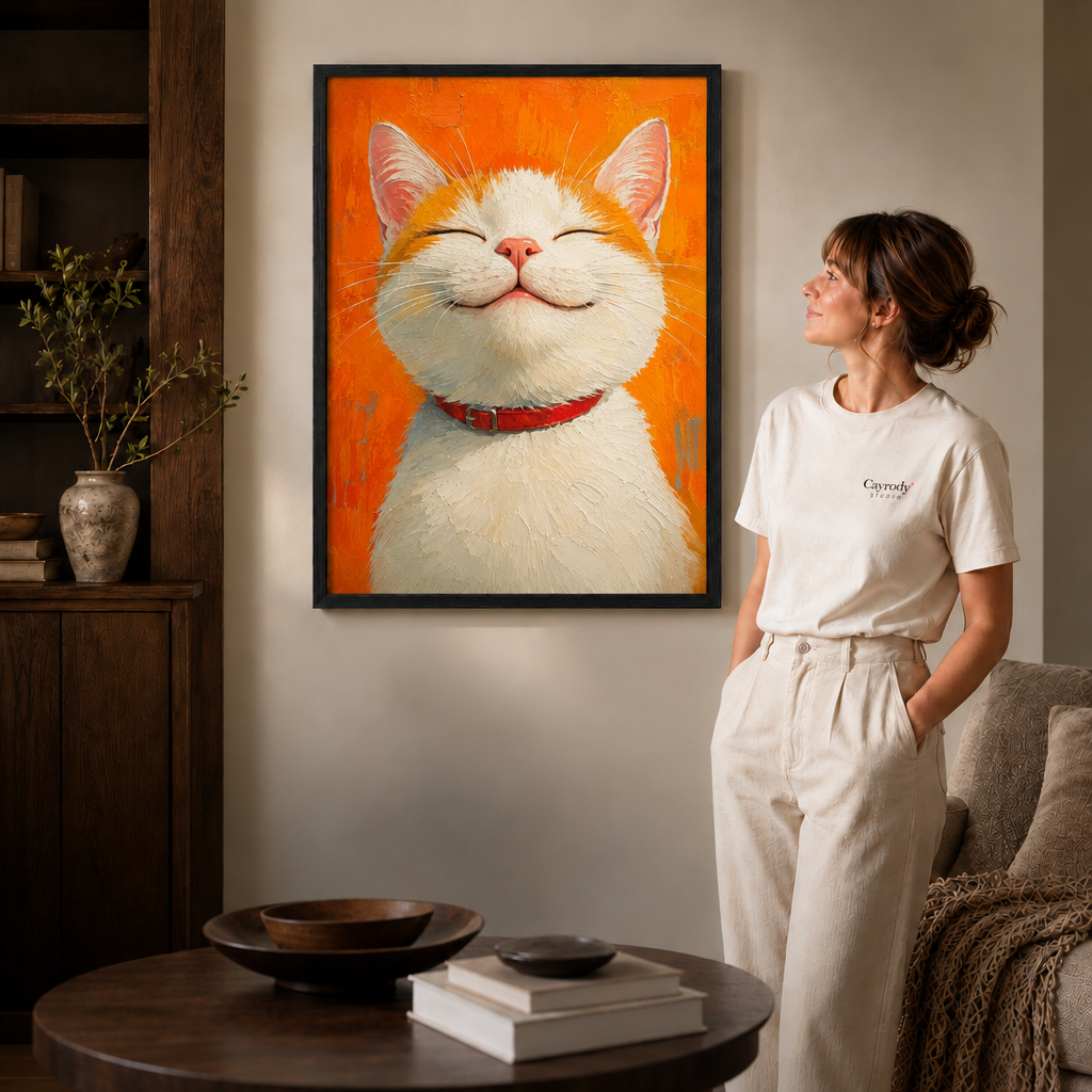 Black-framed cat portrait creates a warm focal point above a coffee table in a room with a woman in white.