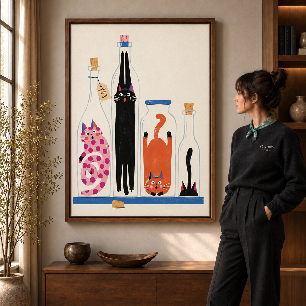 Framed cats in bottles canvas wall art with a HANDLE WITH CARE tag in a warm living room.