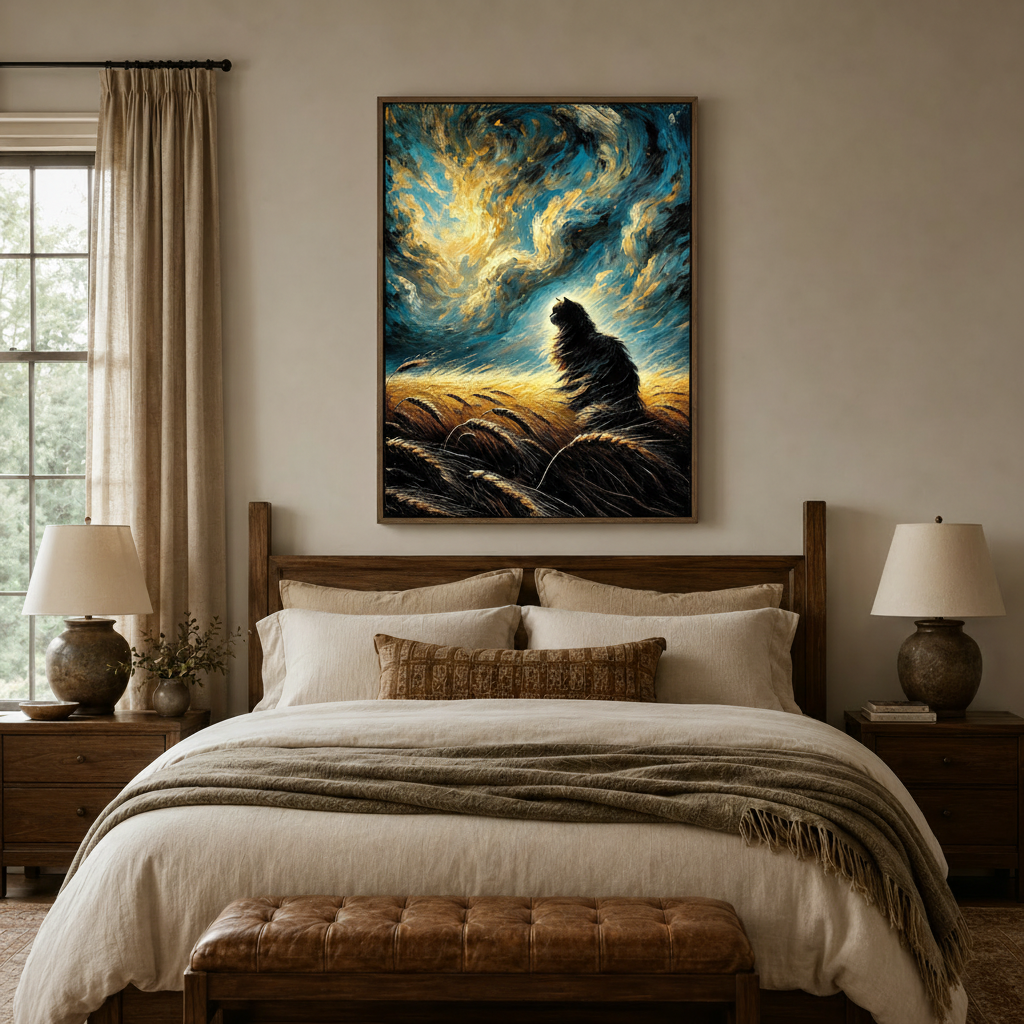 Van Gogh black cat canvas wall art above bed in earthy bedroom with dark walnut float frame and warm lighting