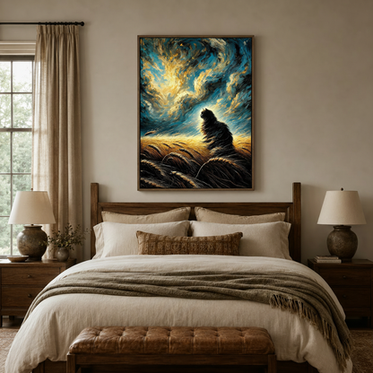 Van Gogh black cat canvas wall art above bed in earthy bedroom with dark walnut float frame and warm lighting