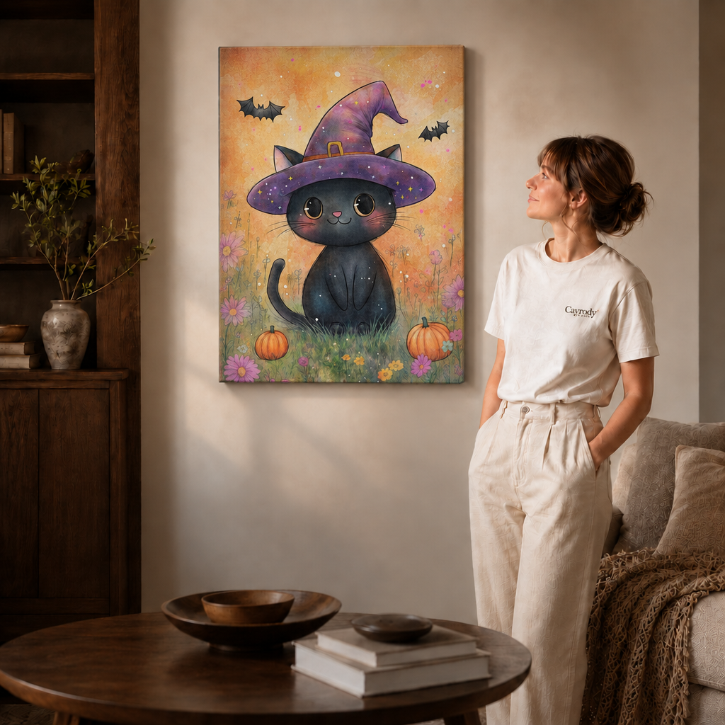 Woman standing by a round side table, looking up at a black framed witch cat Halloween wall art