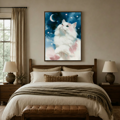 Fluffy white cat moon and stars watercolor canvas art above a rustic wooden bed in a cozy farmhouse bedroom