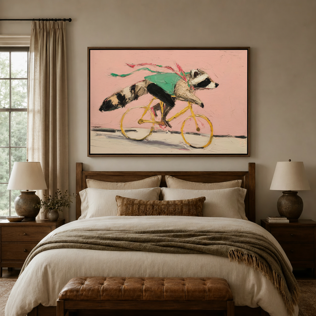 Bold impasto raccoon cycling painting in walnut float frame displayed above bed in cozy bedroom
