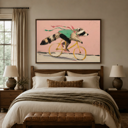 Bold impasto raccoon cycling painting in walnut float frame displayed above bed in cozy bedroom