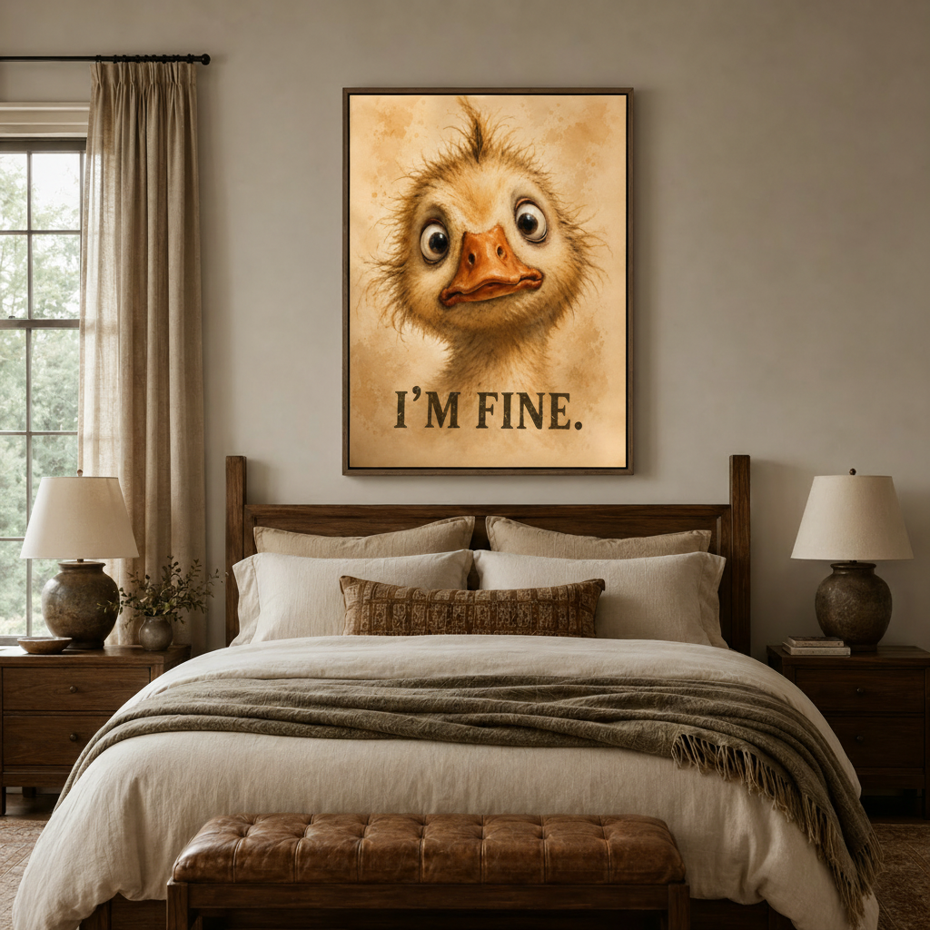 Humorous baby duckling canvas art above bed in earthy bedroom with dark walnut float frame