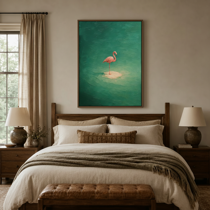 Pink flamingo oil painting wall art above bed in cozy warm-toned bedroom with layered linen bedding