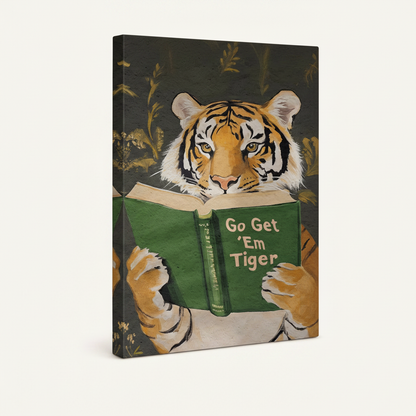 Gallery-wrapped tiger oil painting canvas art angled view showing thick wrapped edges on warm background