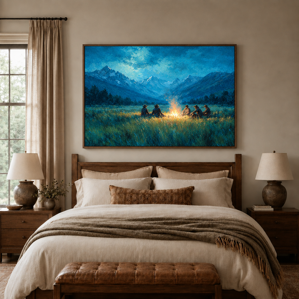 Blue mountain campfire canvas wall art centered above a warm wood bed in a serene bedroom