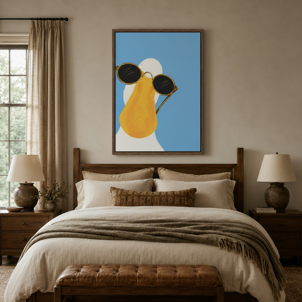 Cool duck sunglasses wall art above bed headboard in warm neutral tone bedroom interior