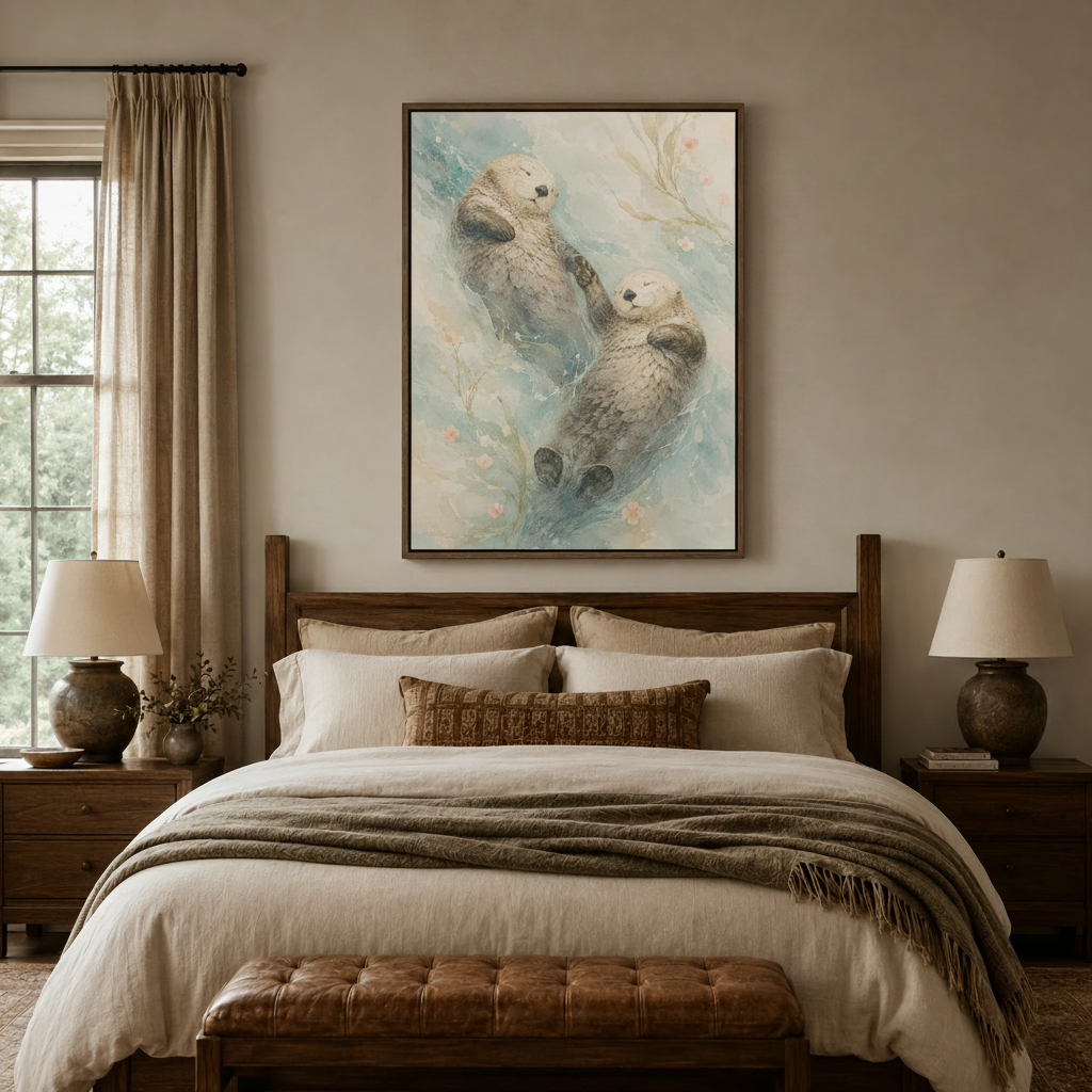 Soft watercolor otter canvas art above a rustic wooden bed in a cozy neutral bedroom