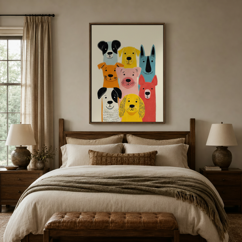 Whimsical colorful dog print framed canvas above bed in cozy farmhouse-style bedroom