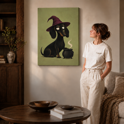 Woman in a white tee beside a gallery-wrapped witch dachshund canvas wall art in a bright minimalist living space.