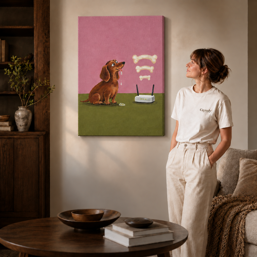 Woman in a white tee beside a gallery-wrapped dachshund canvas wall art in a bright minimalist living space.