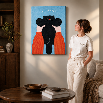 Gallery-wrapped black cat wall art on a wall, fluffy cat held by hands in orange sleeves under DESTINY.