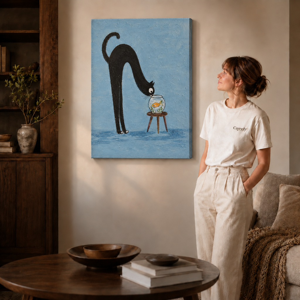 Whimsical black cat canvas wall art displayed above a dark wood coffee table in a cozy living room