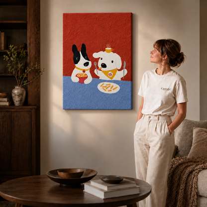 Woman in a cream outfit beside a gallery-wrapped dogs dining wall art canvas, soft daylight in a cozy living room.