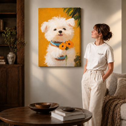 Fluffy White Puppy with Sunflowers Wall Art C1900
