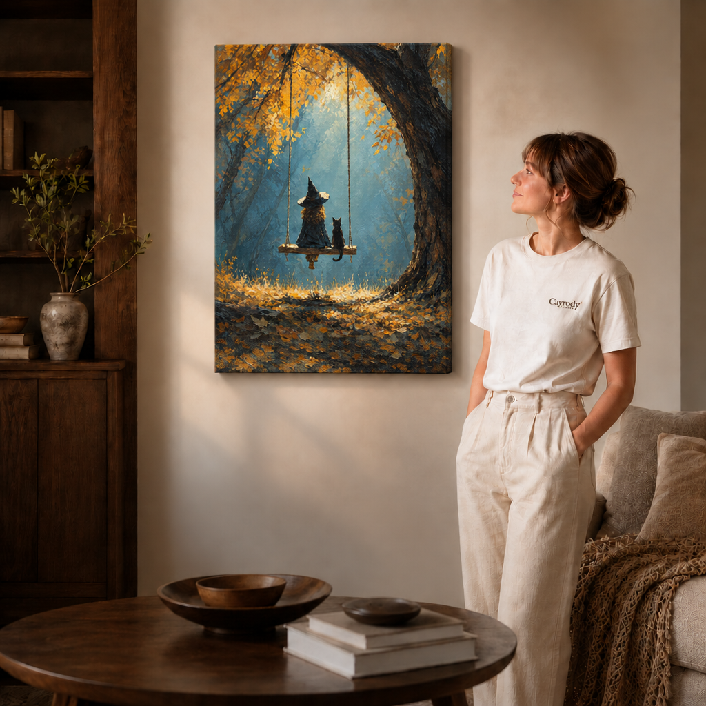 Frameless gallery canvas of a witch and black cat on a swing displayed above a round side table
