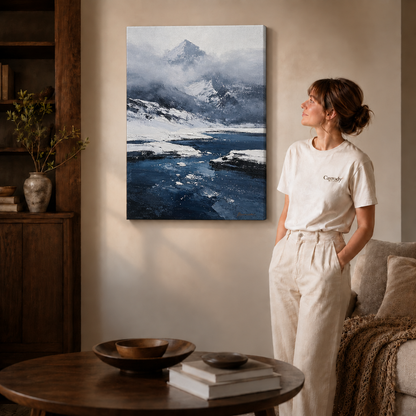 Gallery-wrapped misty mountain canvas art displayed above a round wood coffee table