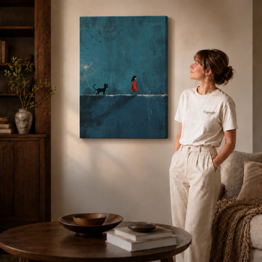 Frameless gallery canvas of a girl in red and a black cat displayed above a round side table