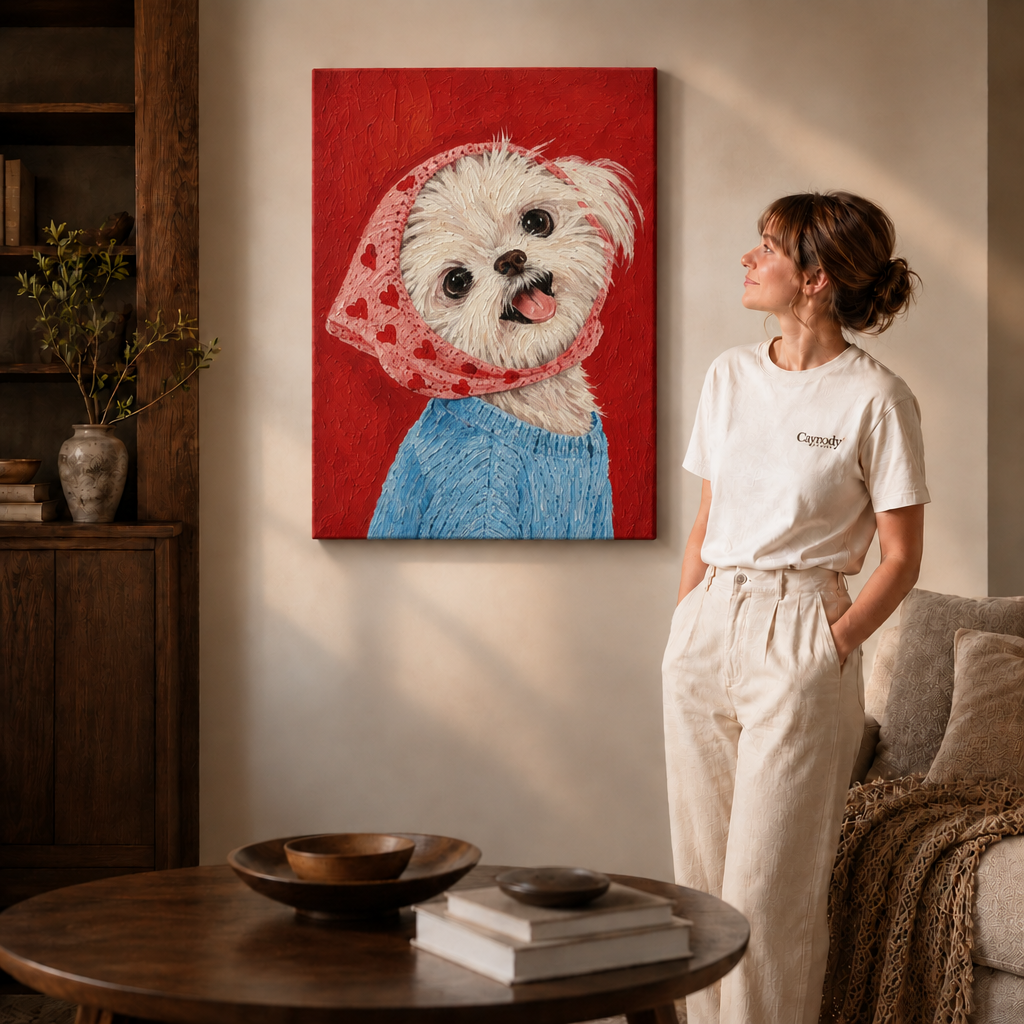 Woman in a cream outfit beside a gallery-wrapped Maltese dog wall art canvas, soft daylight in a cozy living room.