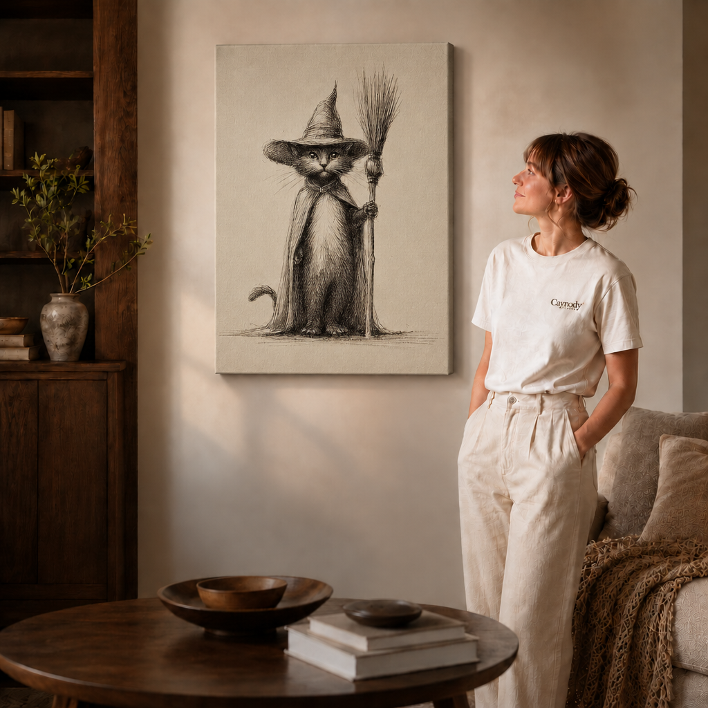 Gallery-wrapped witch cat canvas wall art beside a woman in white and a round living room table.