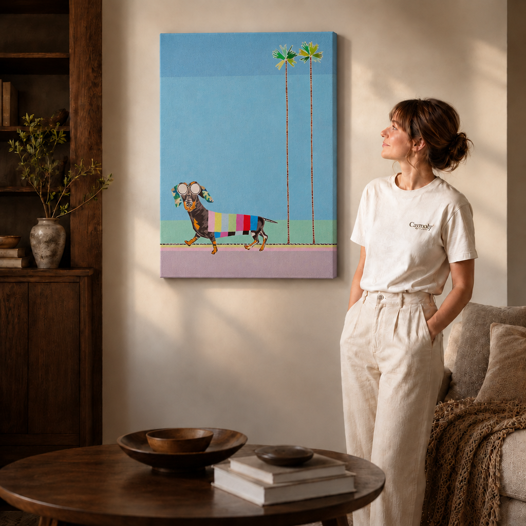 Woman in a cream outfit beside a gallery-wrapped dachshund palm tree wall art canvas, soft daylight in a cozy living room.