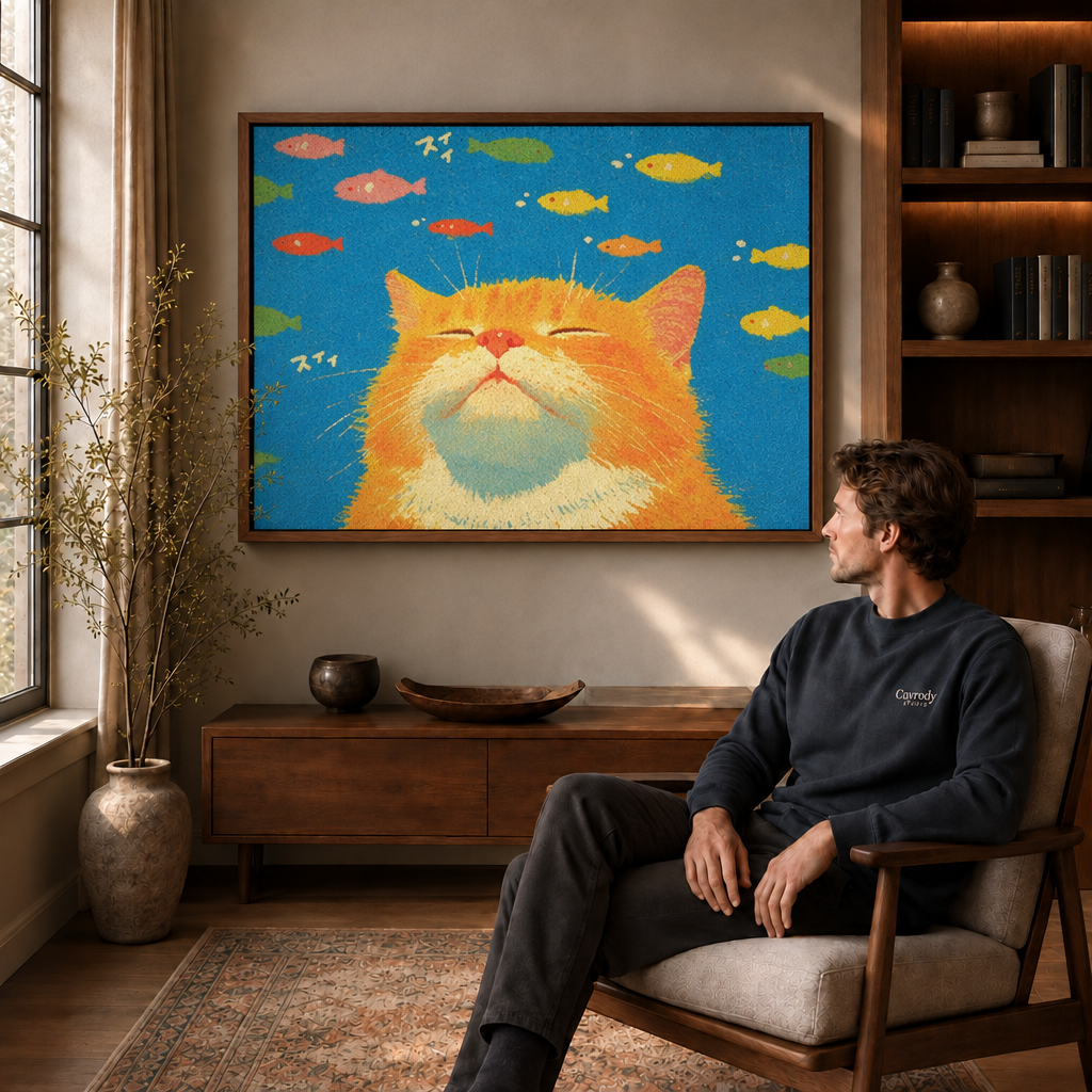 A man in a wooden armchair looks up at a walnut-framed orange cat artwork, colorful fish across a blue background.