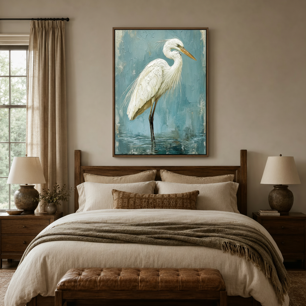 White heron canvas print in slim walnut float frame centered above linen bed in cozy neutral bedroom