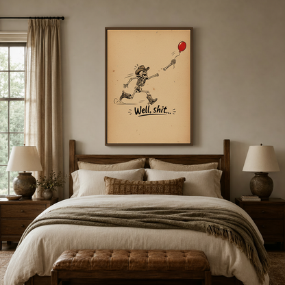 Humorous "Well shit" cowboy skeleton canvas wall art above wooden bed in neutral bedroom