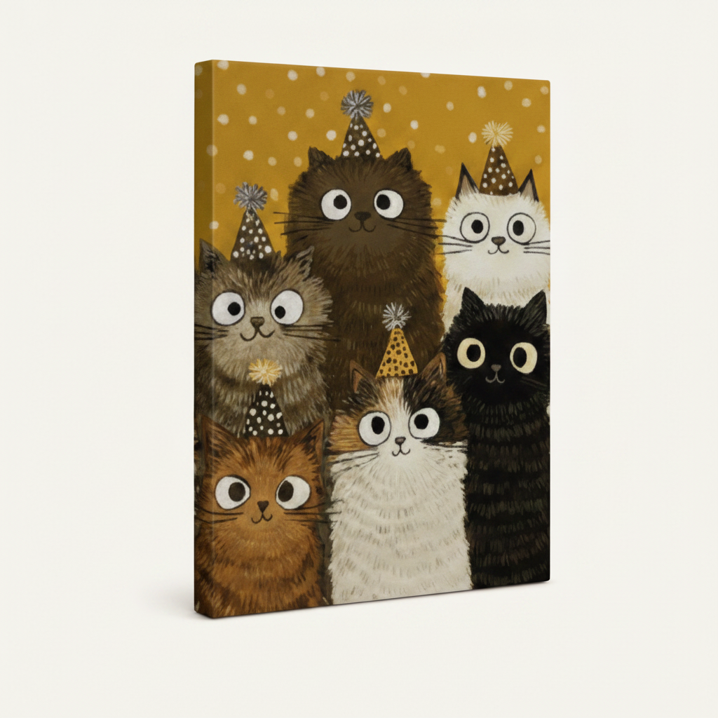 Gallery wrapped canvas side view of illustrated party cats group portrait with golden background