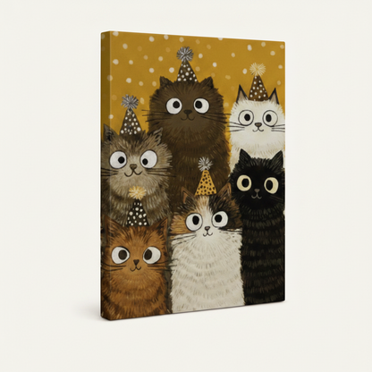 Gallery wrapped canvas side view of illustrated party cats group portrait with golden background