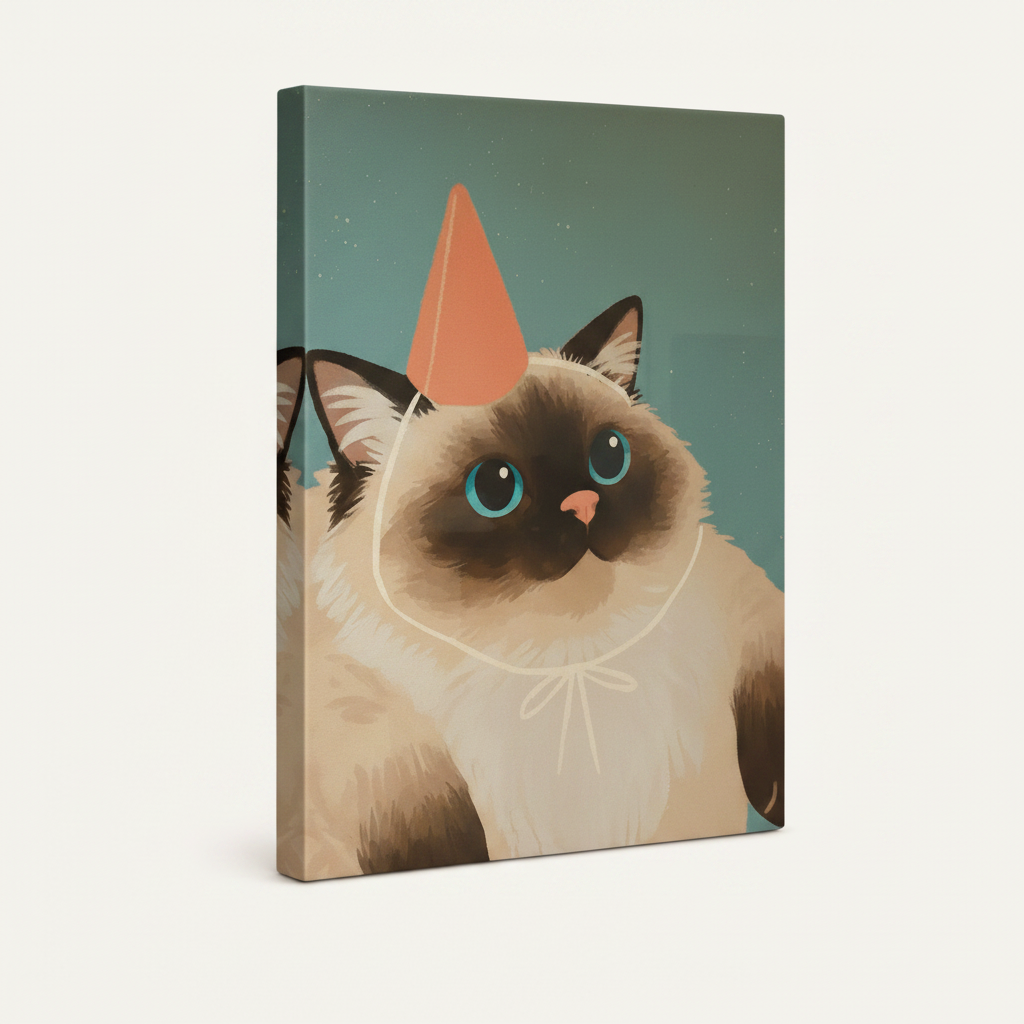 Gallery-wrapped canvas print of a Himalayan cat wearing a coral party hat on teal background, side angle view