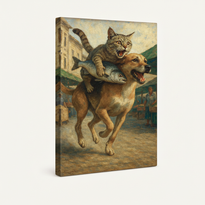 Gallery-wrapped funny cat riding dog classical canvas print shown as standalone product on white background