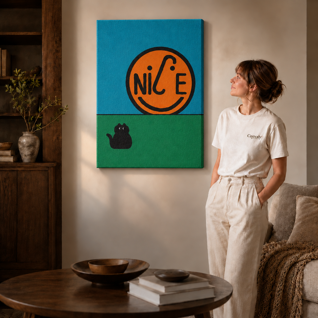 Woman in a cream tee standing next to a gallery-wrapped canvas showing a NICE smiley face and black cat.