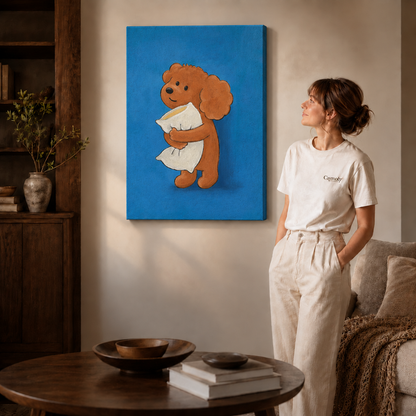 Woman in a cream T-shirt standing beside a frameless gallery-wrapped canvas of a brown dog hugging a white pillow.