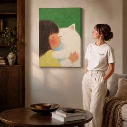 Cream-shirted woman admiring a frameless green canvas showing a storybook girl cuddling a white cat.
