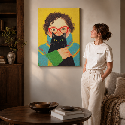 Woman in cream clothing standing beside a frameless gallery-wrapped canvas of a child holding a black cat.