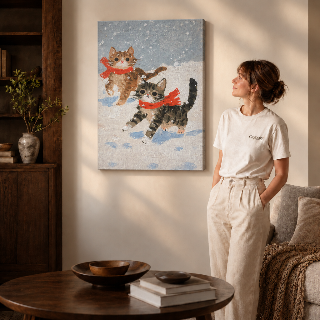 Gallery-wrapped winter cat canvas showing two kittens in red scarves, hung above a round wooden coffee table