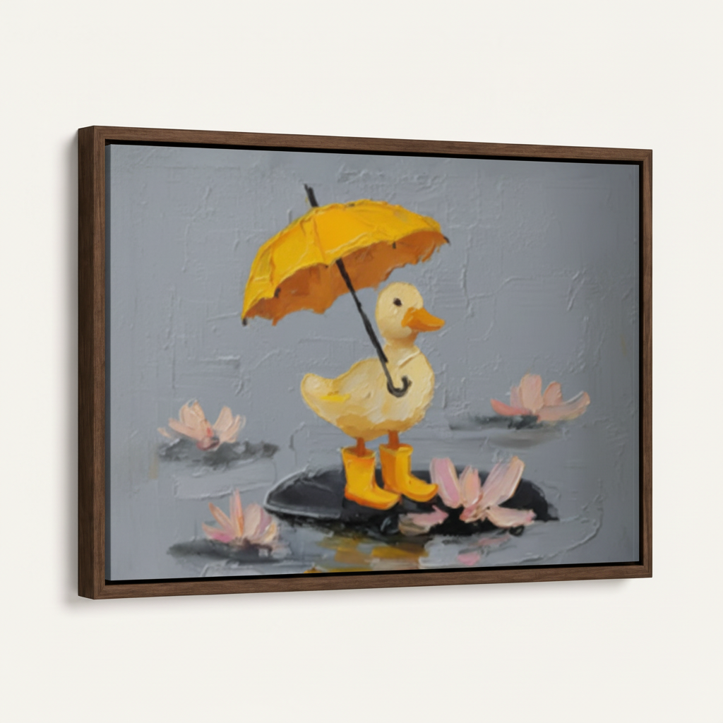 Close-up angled view of framed whimsical duck canvas print with yellow umbrella and pink lotus blooms