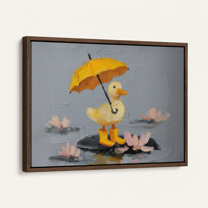 Close-up angled view of framed whimsical duck canvas print with yellow umbrella and pink lotus blooms