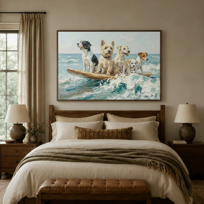 Five dogs riding a surfboard canvas print in a dark walnut frame above a wood-framed bed in a cozy bedroom